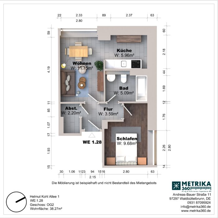 Grundriss einer Wohnung mit Küche, Bad, Schlafzimmer.