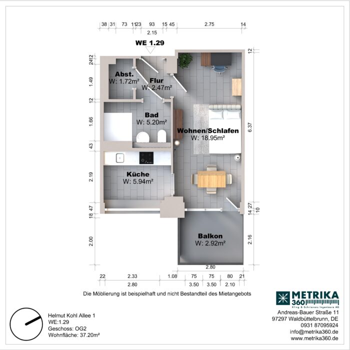 Grundriss einer Einzimmerwohnung mit Balkon und Küche.