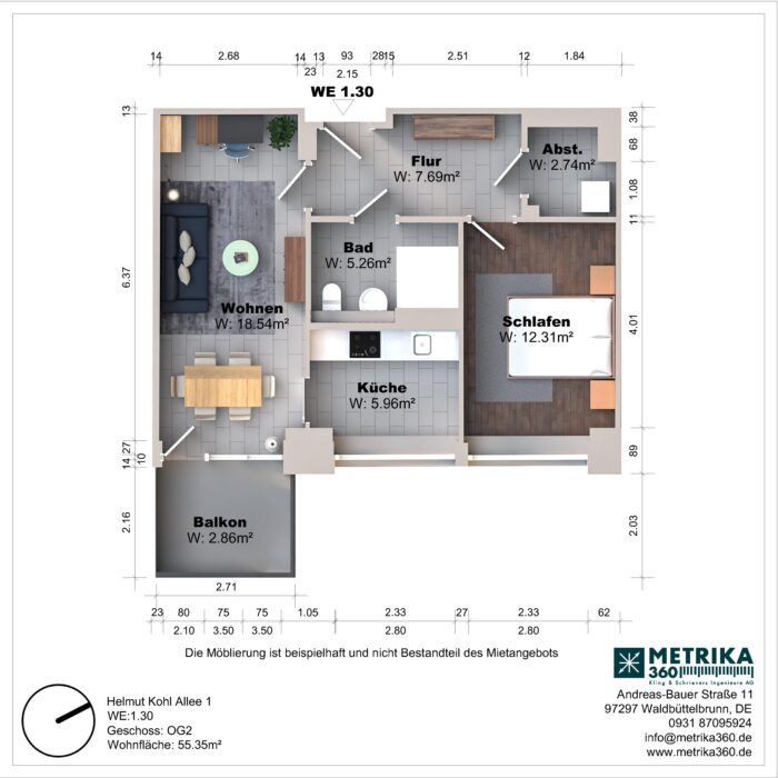 Grundriss einer Wohnung mit Balkon und Zimmern.