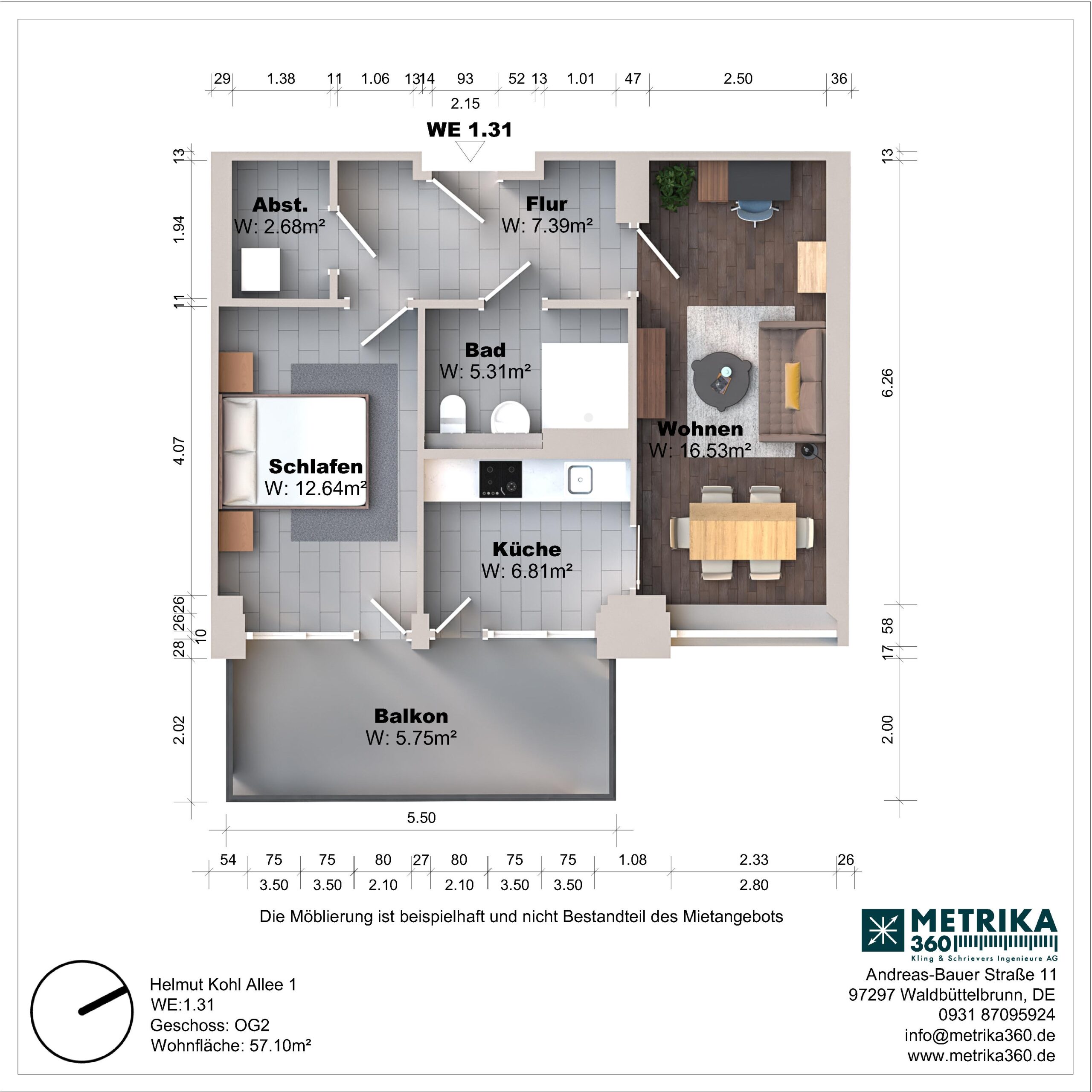 Grundriss einer Wohnung mit Balkon und Zimmeraufteilung.