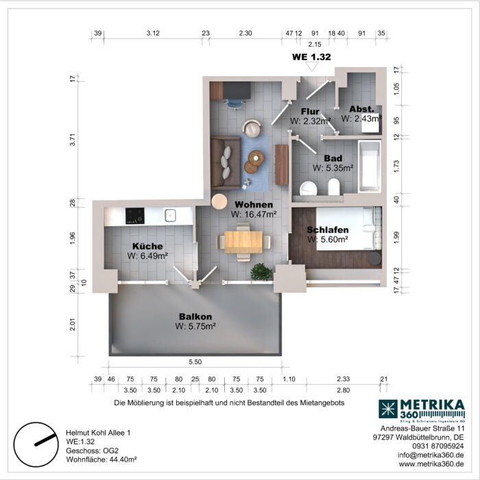 Grundriss einer Wohnung mit Balkon und Zimmeraufteilung.