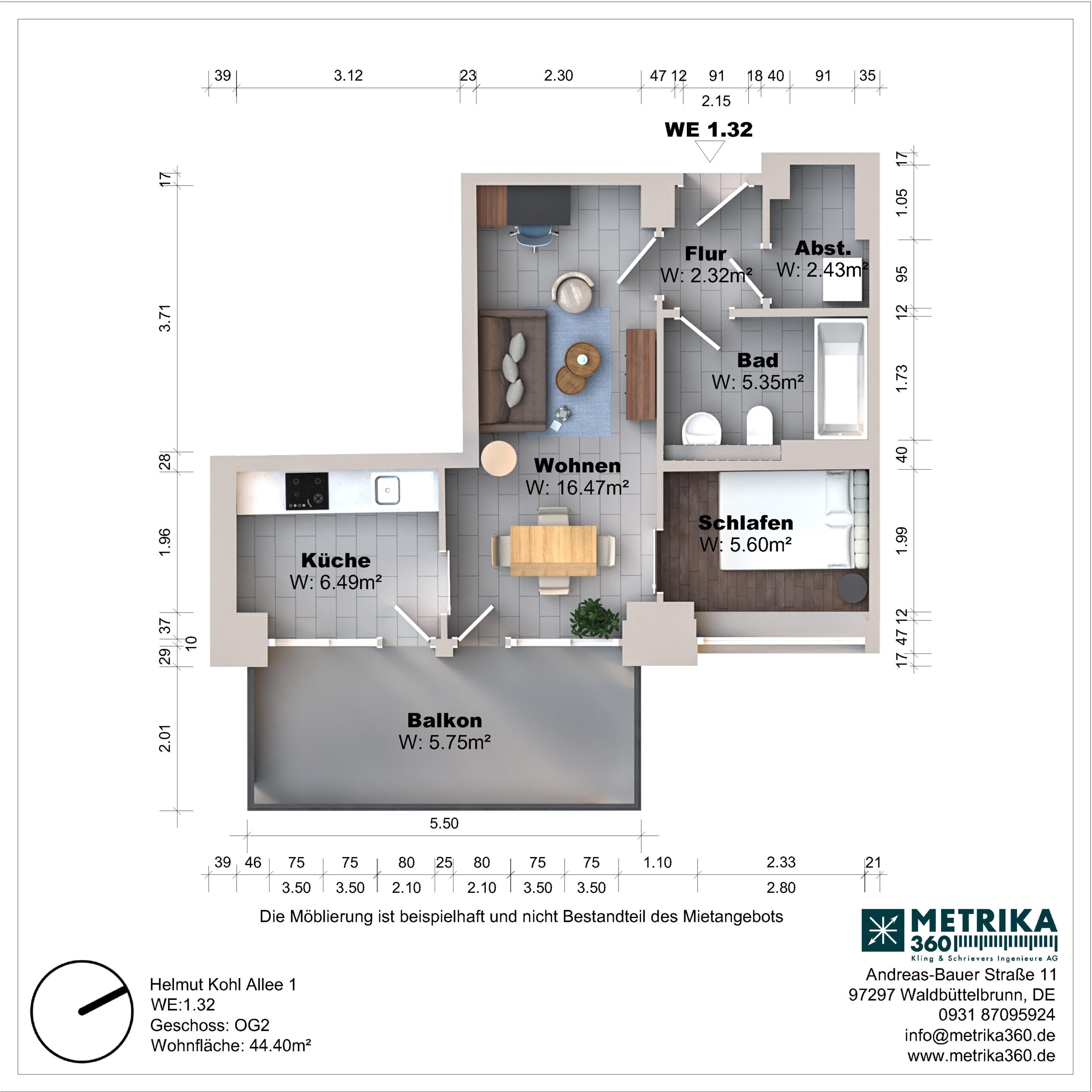 Grundriss einer Wohnung mit Balkon und Zimmeraufteilung.