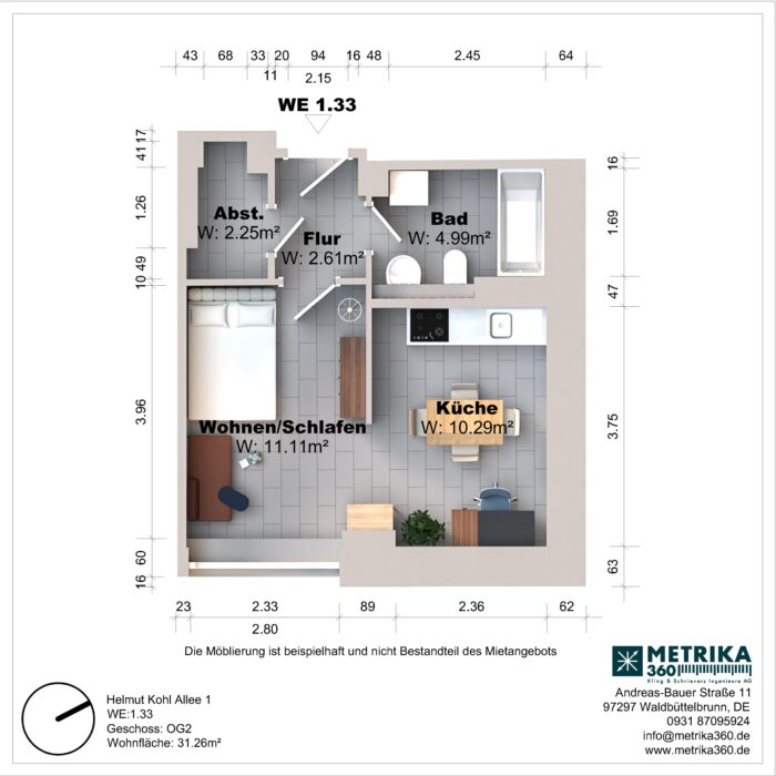 Grundriss einer Einzimmerwohnung mit Küche und Bad.