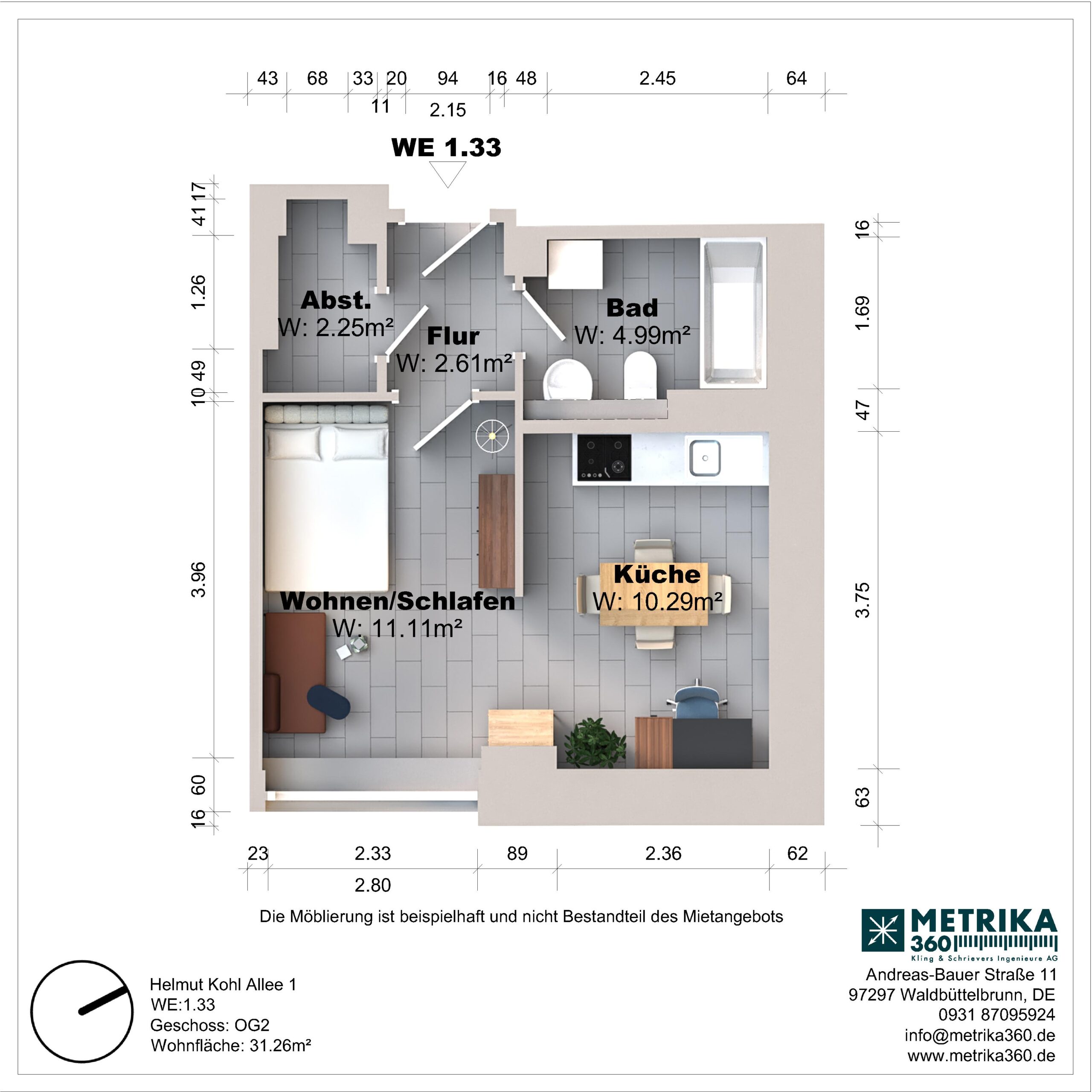 Grundriss einer Einzimmerwohnung mit Küche und Bad.