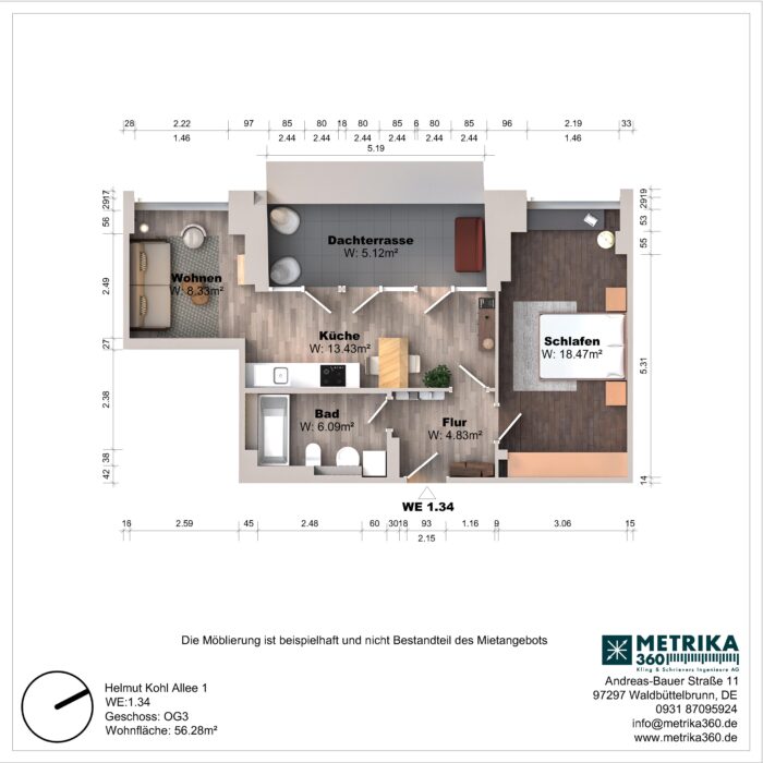 Grundriss einer Wohnung mit Dachterrasse und Zimmeraufteilung.