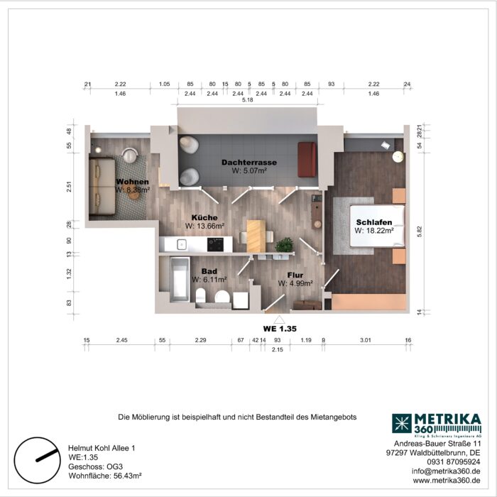 Grundriss einer Wohnung mit Dachterrasse und Einrichtung.