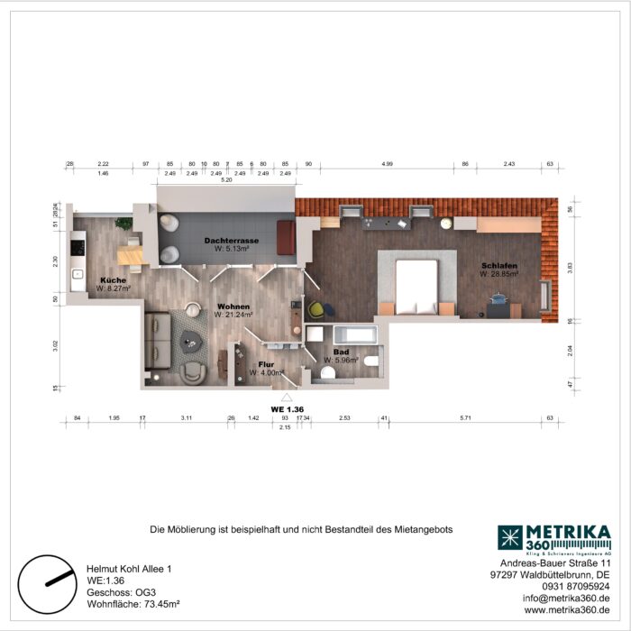 Grundriss einer Wohnung mit Dachterrasse und Schlafzimmer.