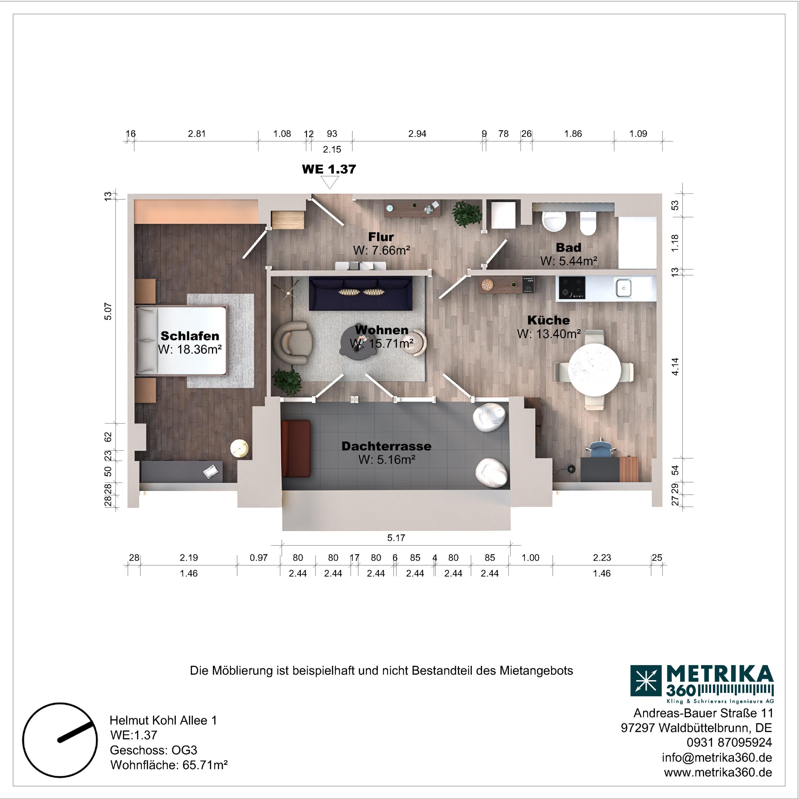 Grundriss einer Wohnung mit Dachterrasse und Möbeln.