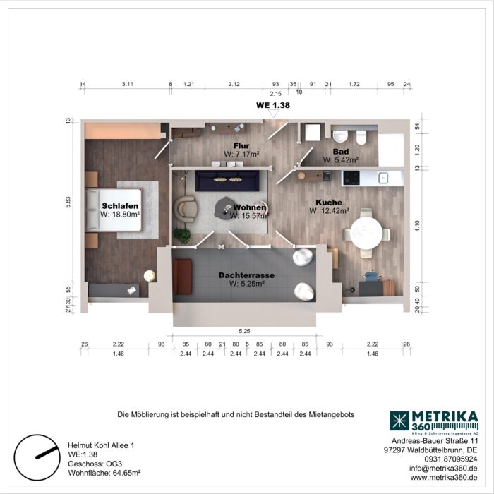 Grundriss einer Wohnung mit Dachterrasse und Zimmeraufteilung.