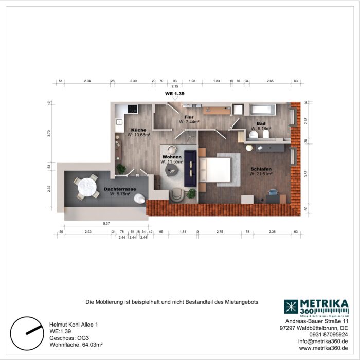 Grundriss einer Wohnung mit Dachterrasse und Möbeln.