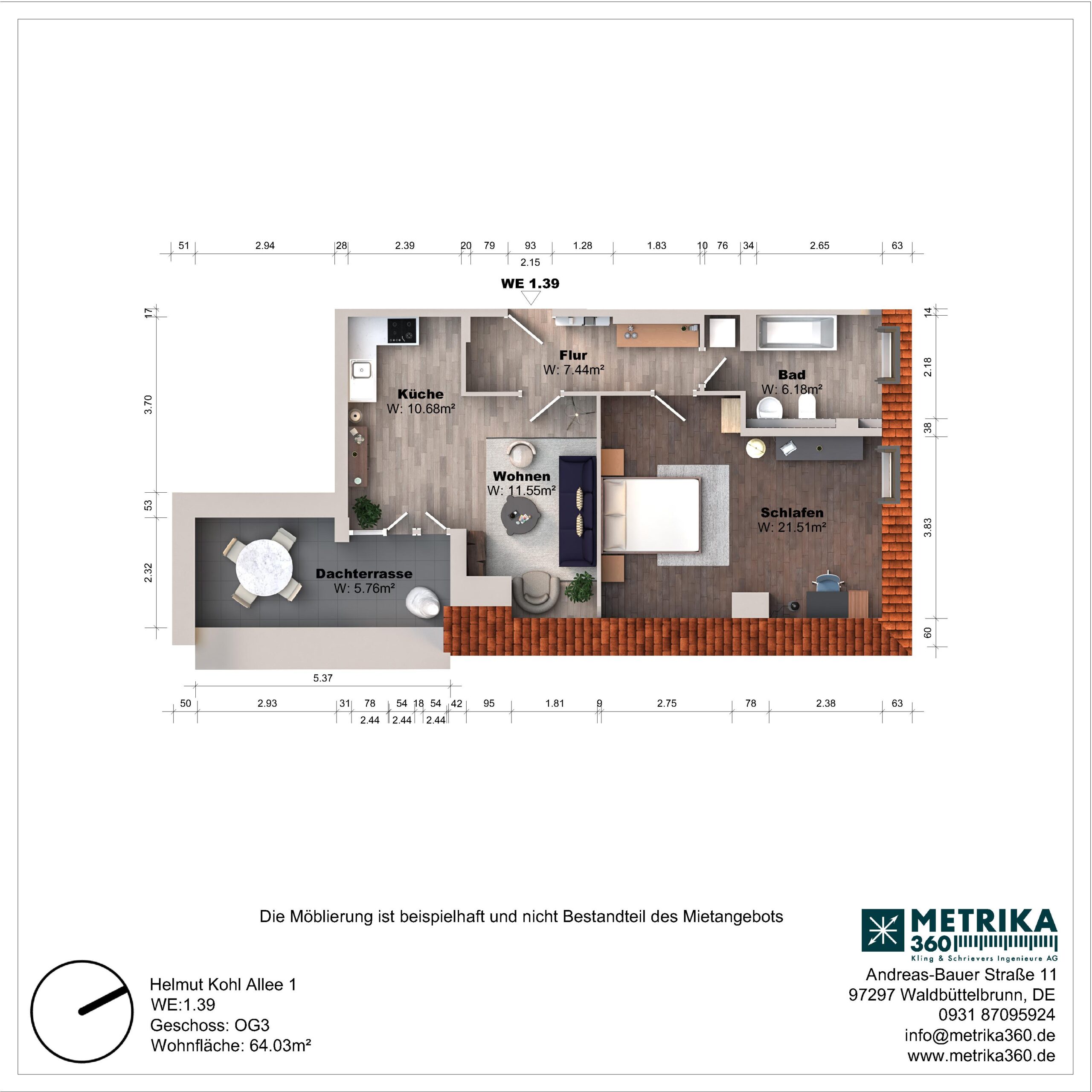 Grundriss einer Wohnung mit Dachterrasse und Möbeln.
