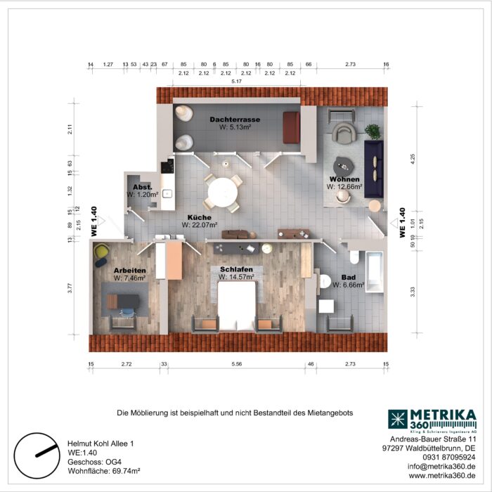 Grundriss einer Wohnung mit Dachterrasse und mehreren Zimmern.