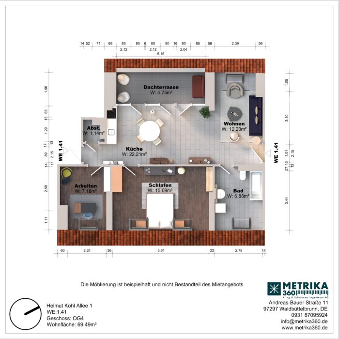 Grundriss einer Wohnung mit Dachterrasse und mehreren Räumen.