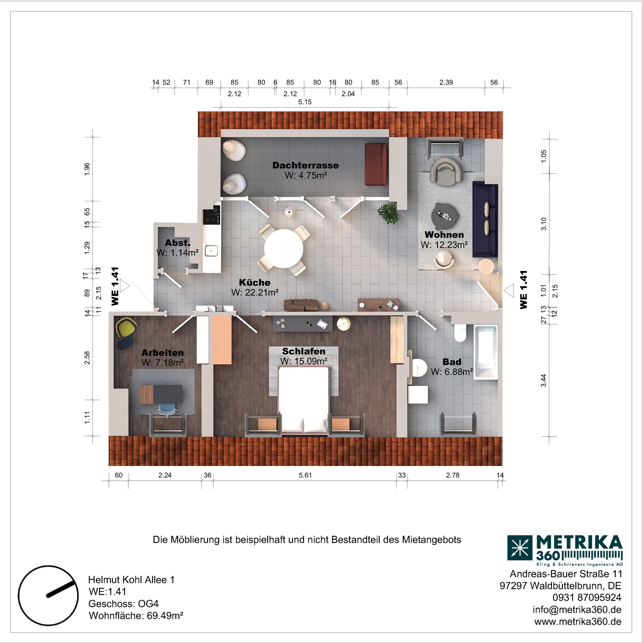 Grundriss einer Wohnung mit Dachterrasse und mehreren Räumen.