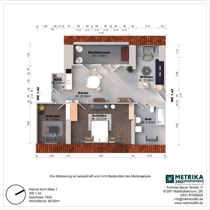 Grundriss einer Wohnung mit Dachterrasse und Zimmeraufteilung.