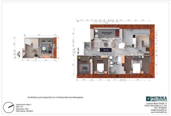 Grundriss einer Wohnung mit Dachterrasse und Zimmeraufteilung.