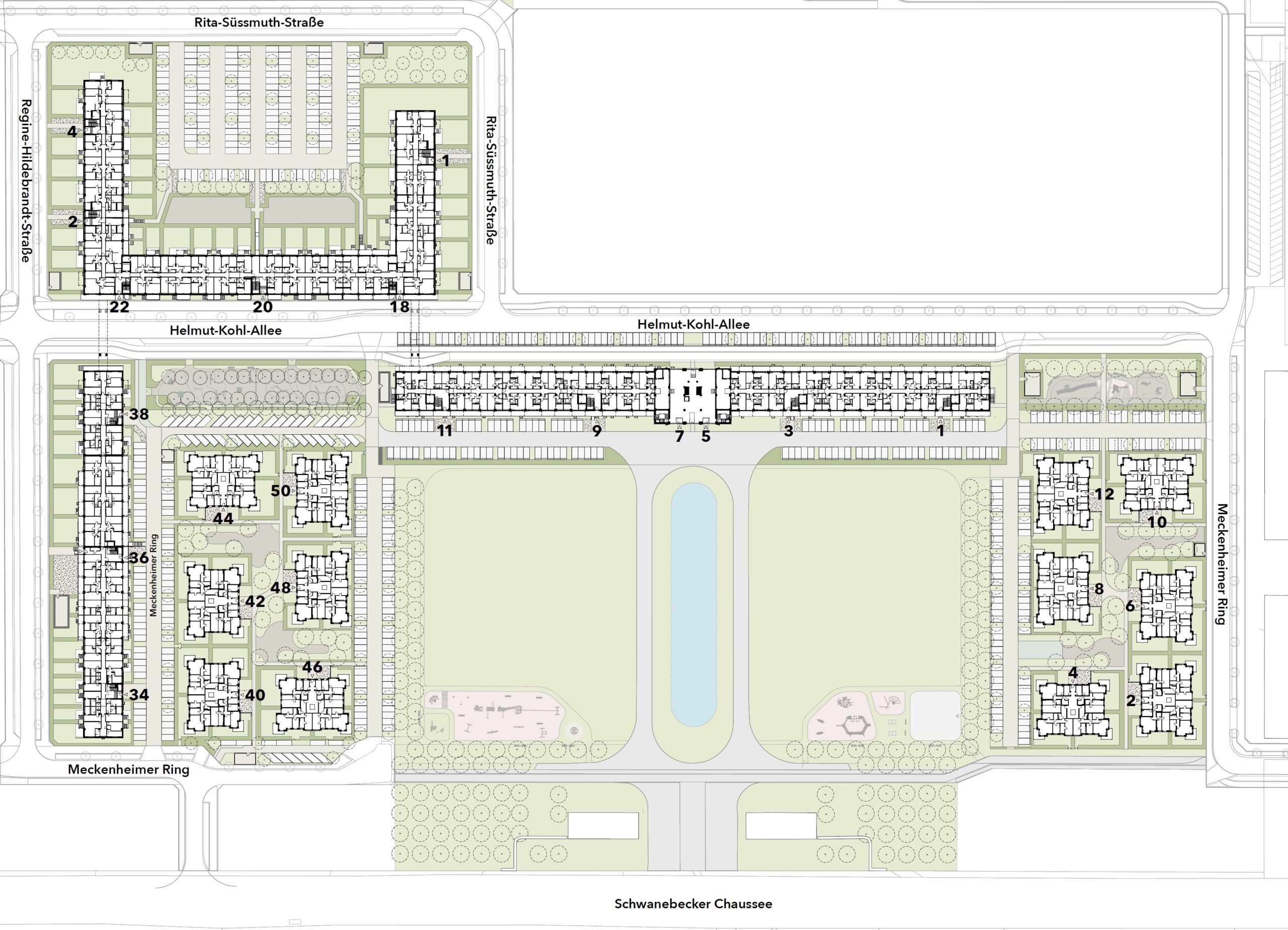 Stadtplan mit Gebäuden, Straßen und Grünflächen.