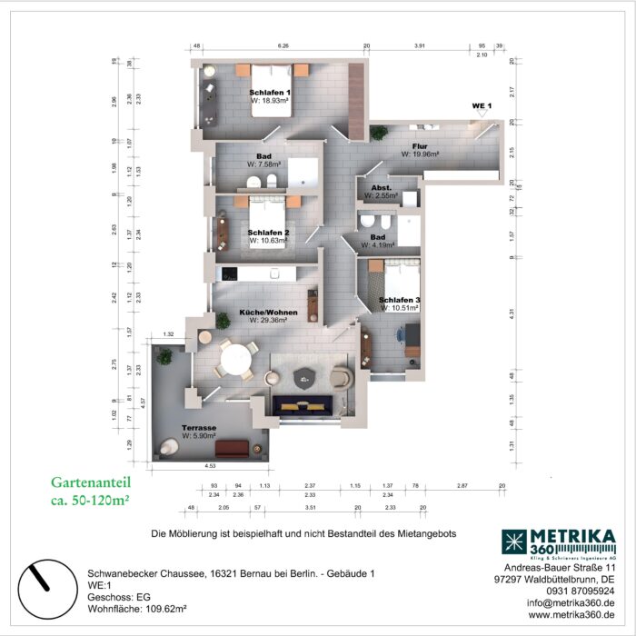 Grundriss einer Wohnung mit drei Schlafzimmern und Terrasse.