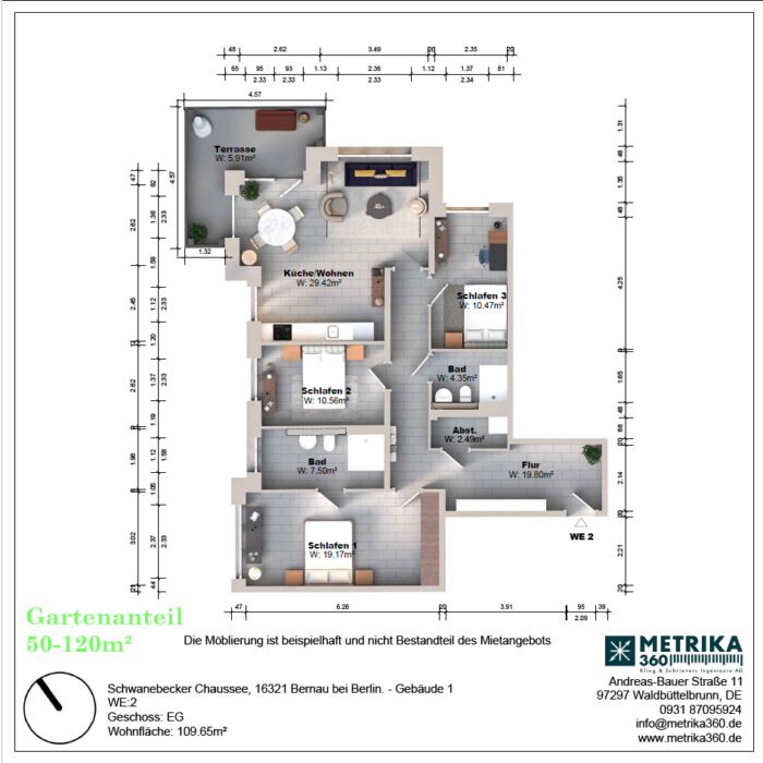 Grundriss einer Wohnung mit Terrasse und drei Schlafzimmern.