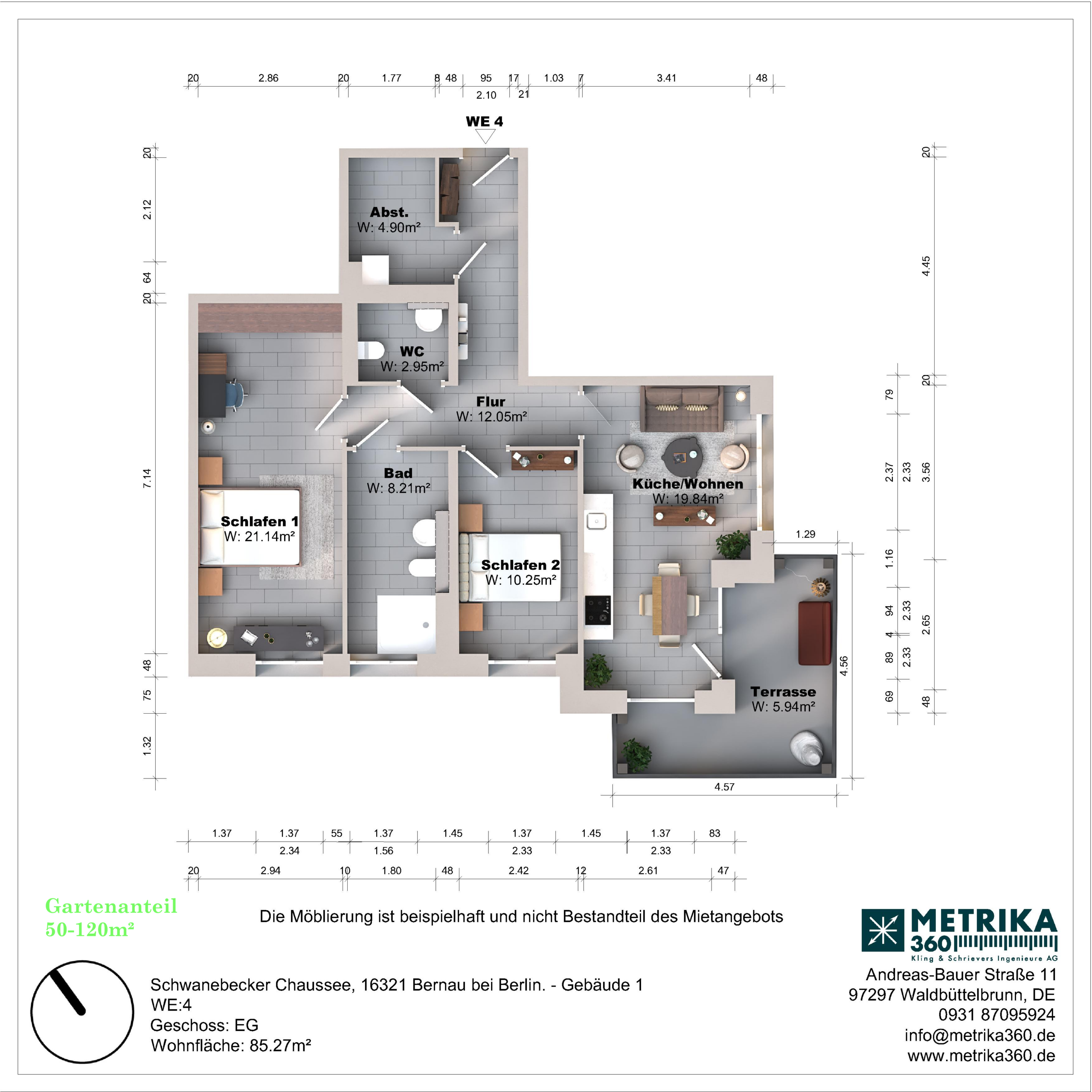 Grundriss einer Wohnung mit zwei Schlafzimmern und Terrasse.