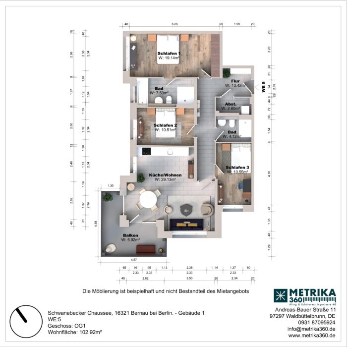 Grundriss einer Wohnung mit drei Schlafzimmern und Balkon.