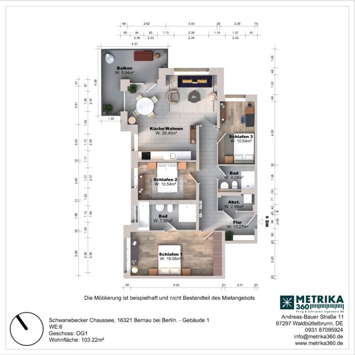 Grundriss einer Wohnung mit drei Schlafzimmern und Balkon.