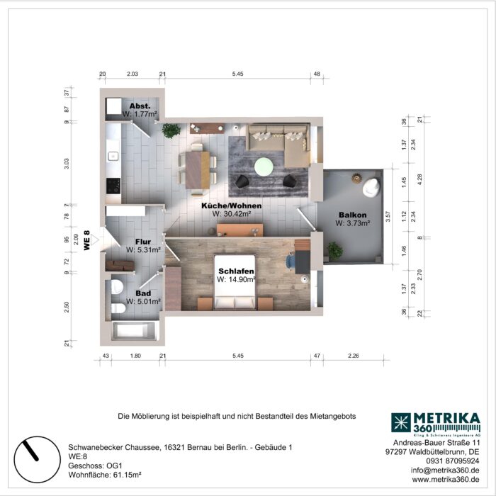 Grundriss einer Wohnung mit Balkon und Möblierung.