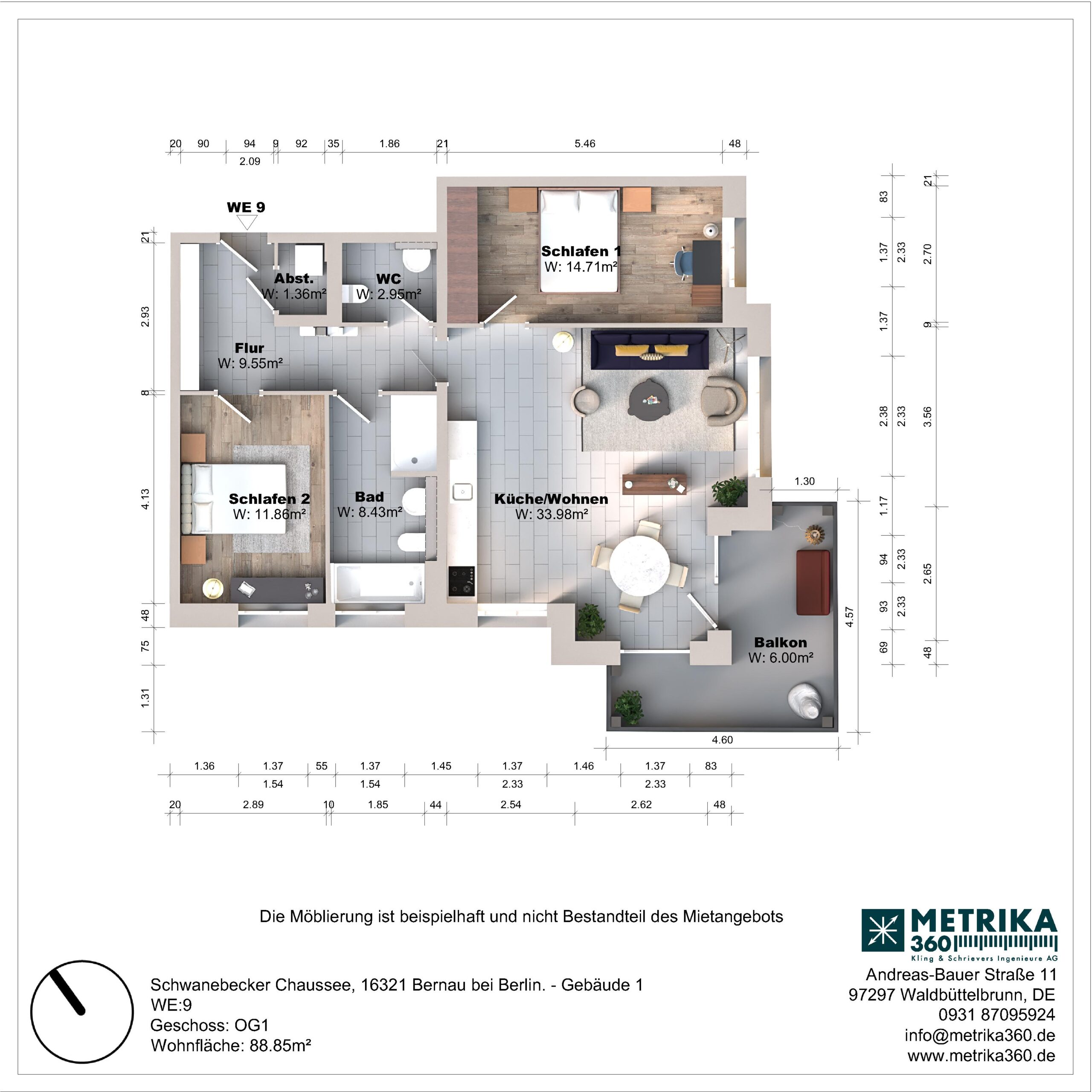 Grundriss einer Wohnung mit zwei Schlafzimmern und Balkon.