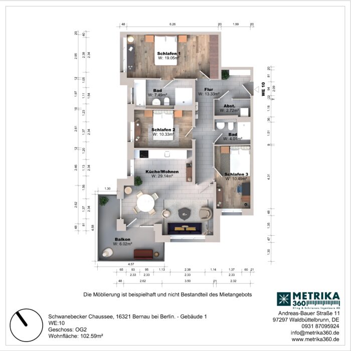 Grundriss einer Wohnung mit drei Schlafzimmern und Balkon.