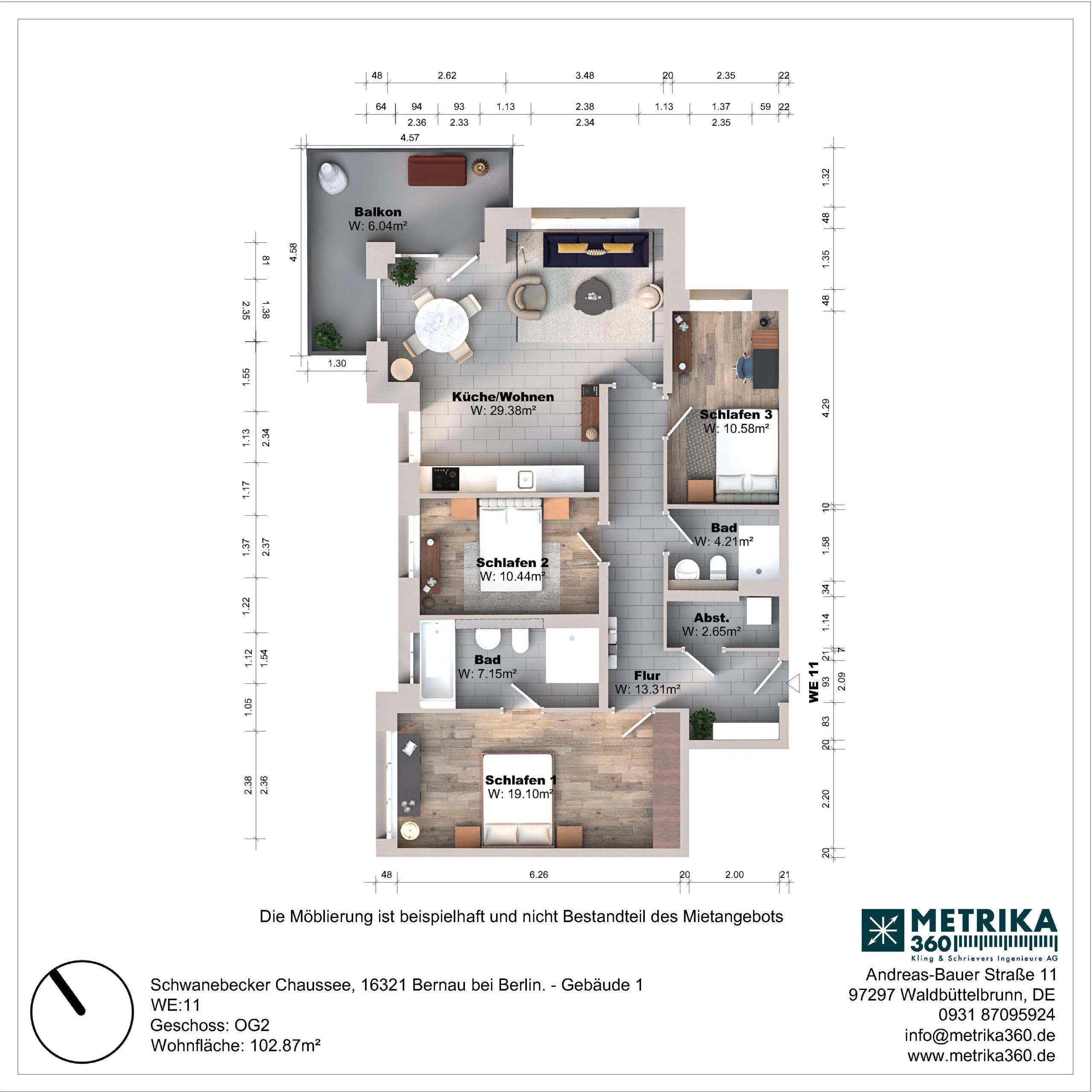 Grundriss einer Wohnung mit drei Schlafzimmern und Balkon.