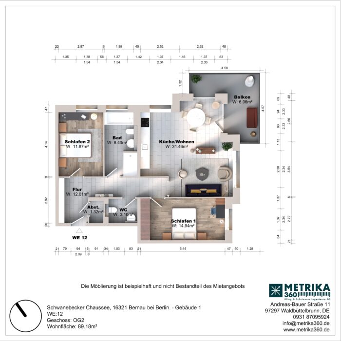 Grundriss einer Wohnung mit zwei Schlafzimmern und Balkon.