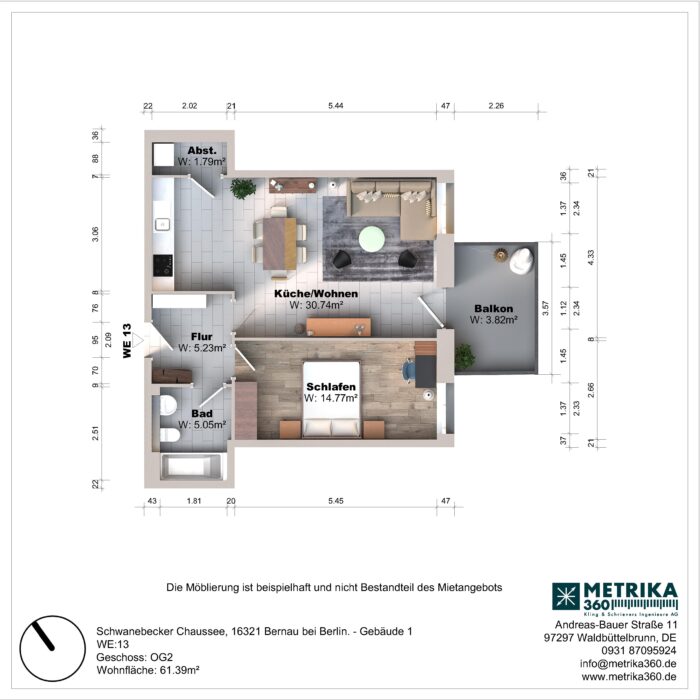 Grundriss einer Wohnung mit Balkon und Zimmeraufteilung.