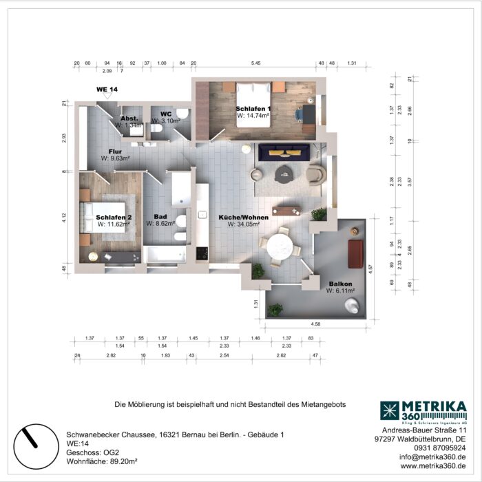 Grundriss einer Wohnung mit zwei Schlafzimmern und Balkon.