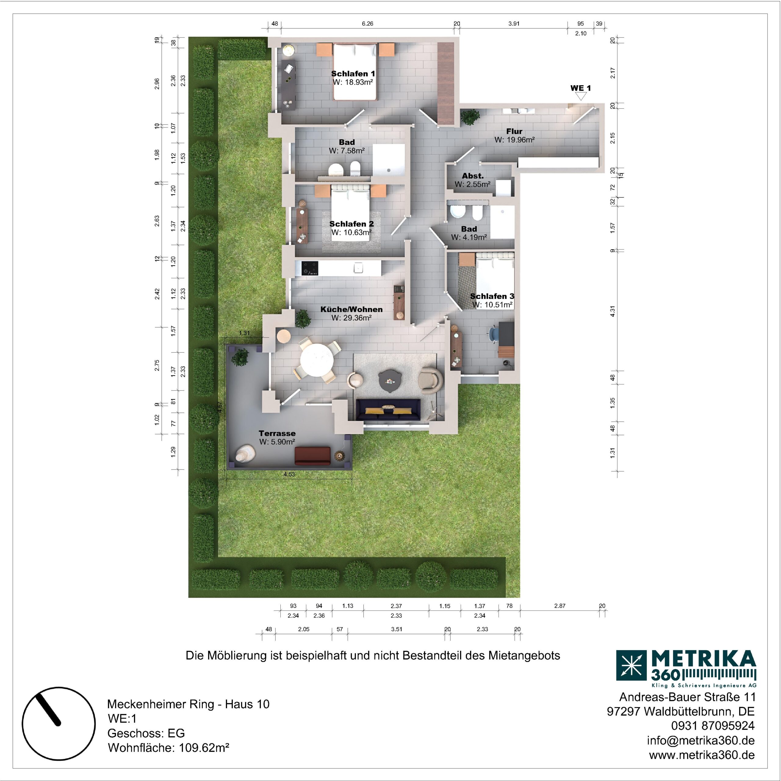Grundriss einer Wohnung mit drei Schlafzimmern und Terrasse.