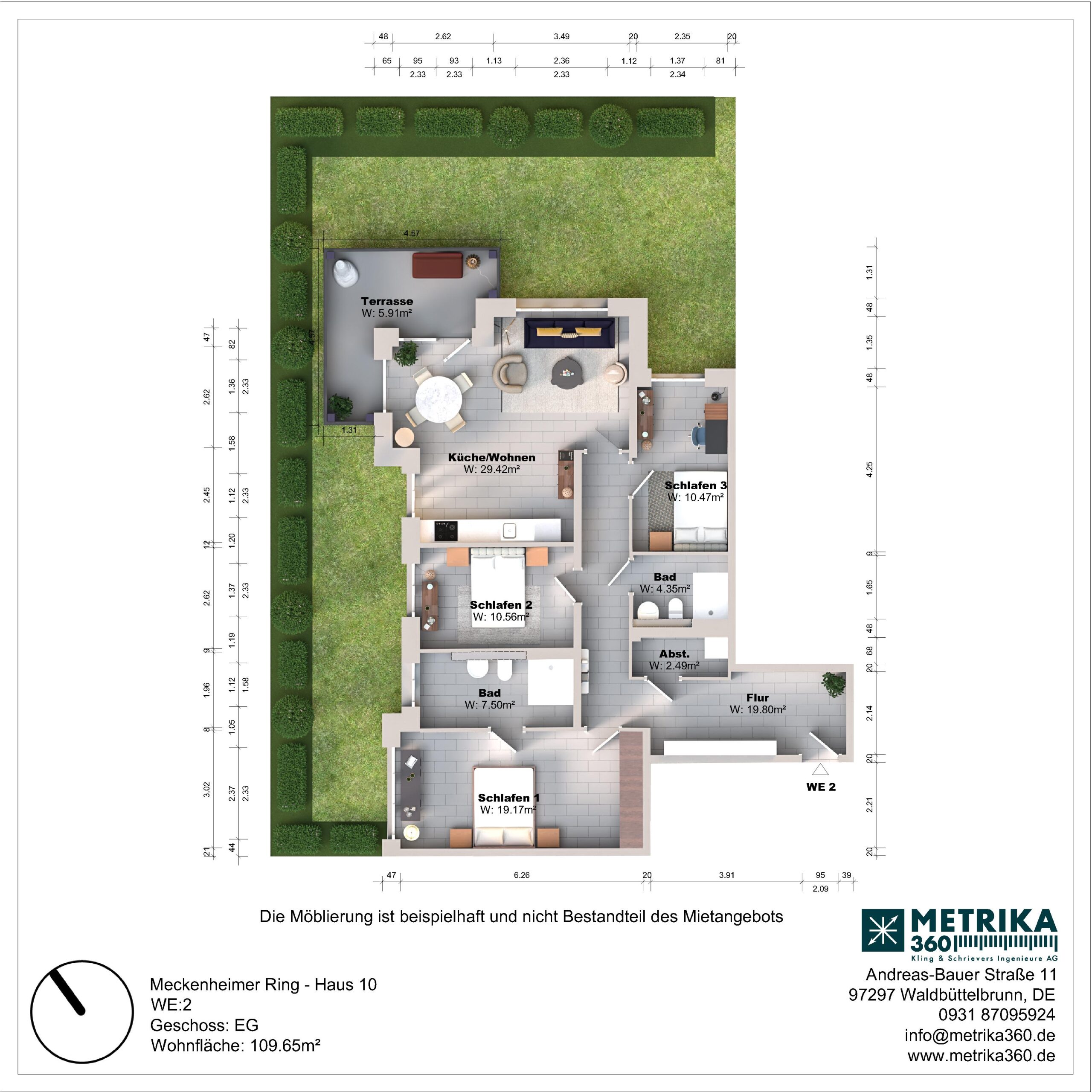 Grundriss einer Wohnung mit Terrasse und Garten.