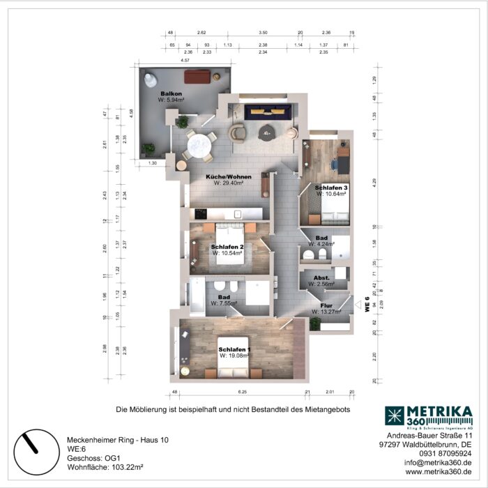 Grundriss einer Wohnung mit drei Schlafzimmern und Balkon.