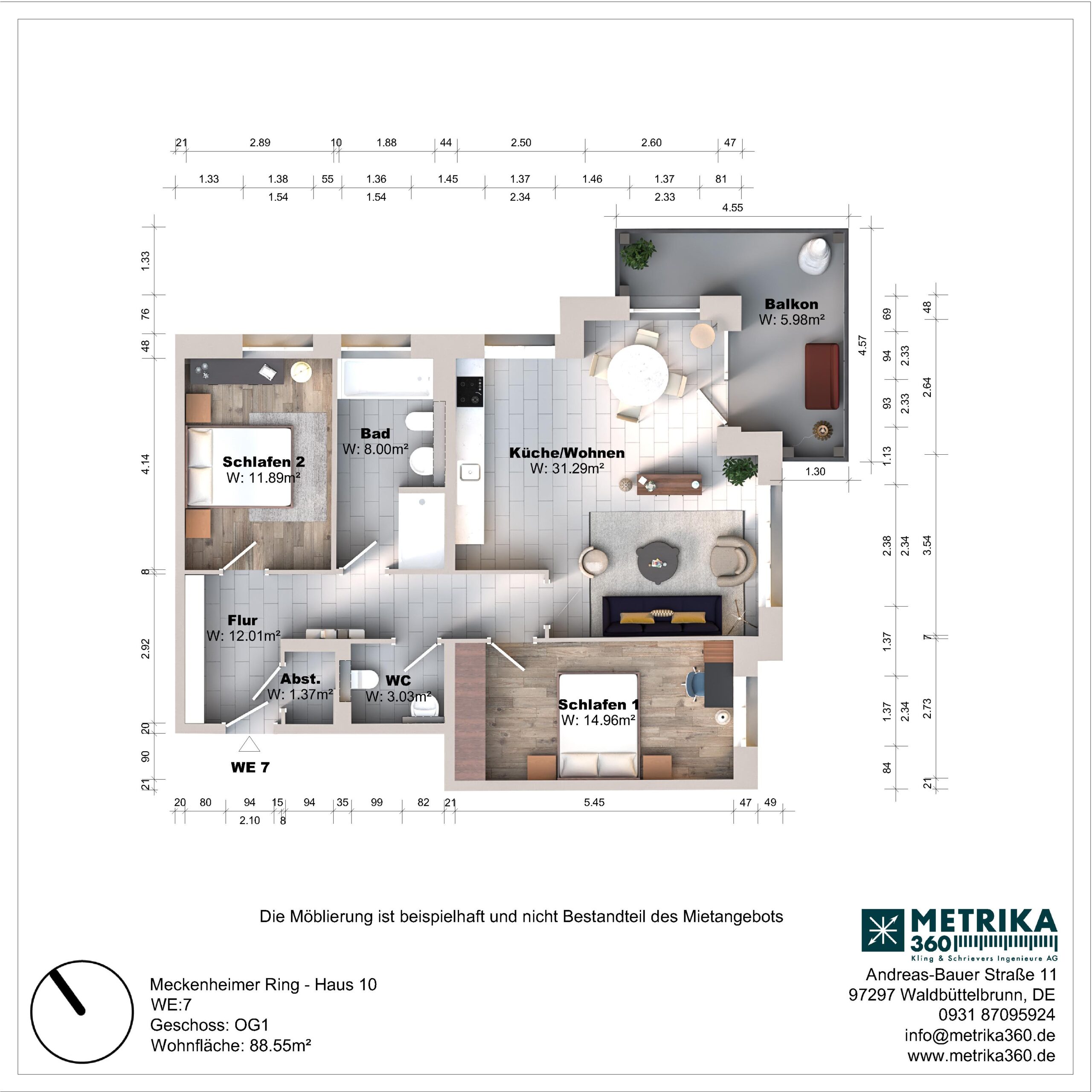Grundriss einer Wohnung mit zwei Schlafzimmern und Balkon.