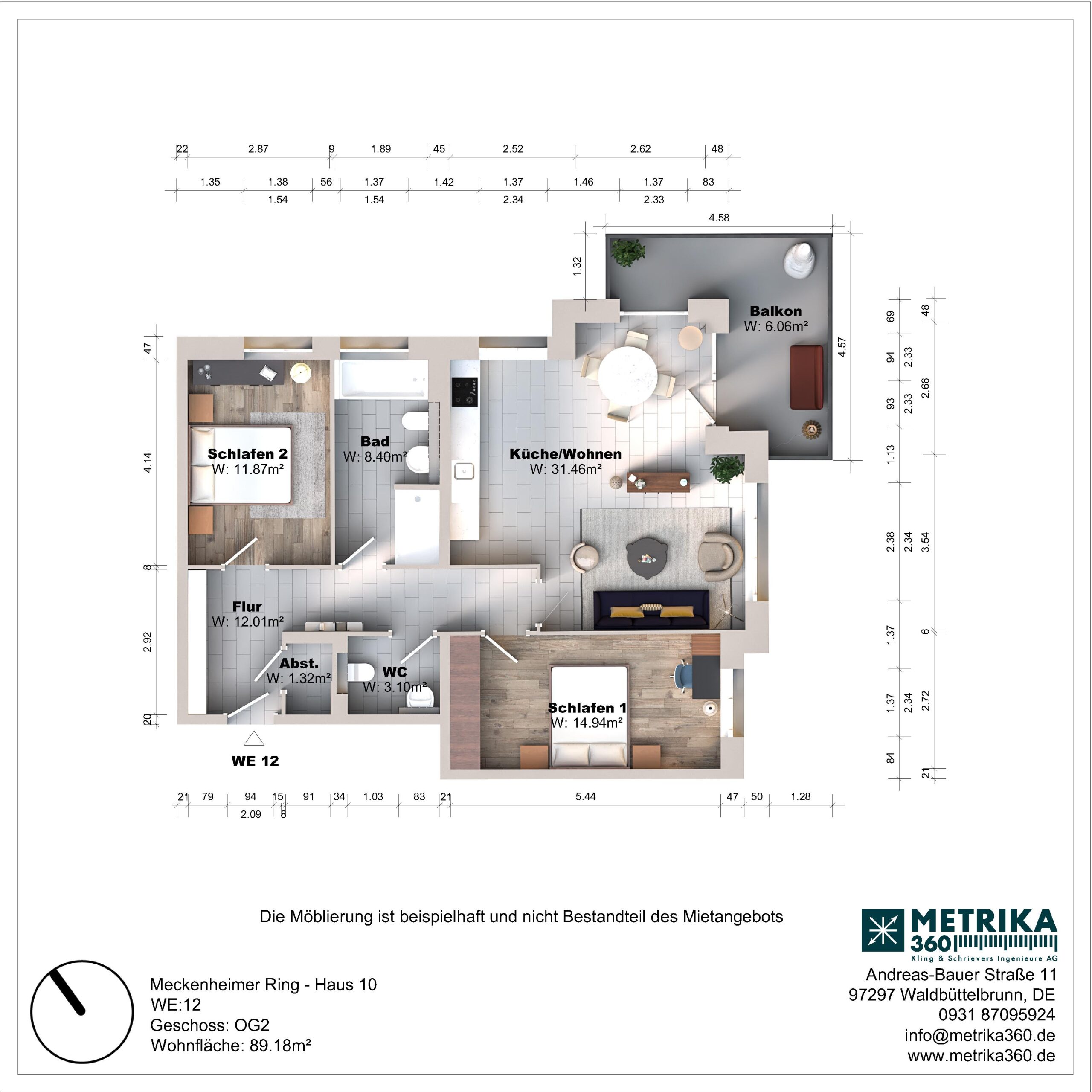 Grundriss einer Wohnung mit zwei Schlafzimmern und Balkon.