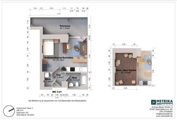 Grundriss einer Wohnung mit Terrasse und Abstellraum.