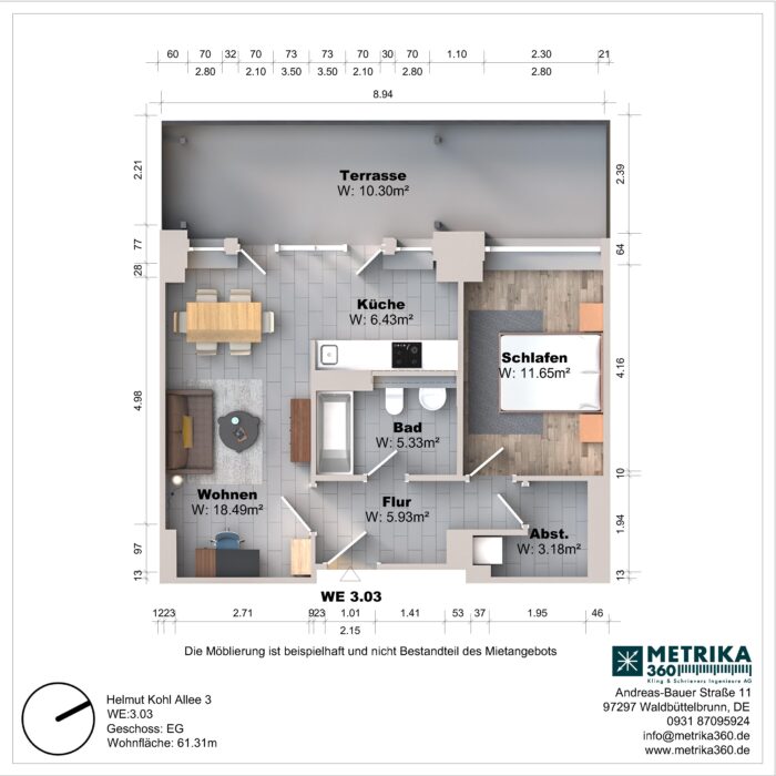Grundriss einer Wohnung mit Terrasse und Zimmeraufteilung.