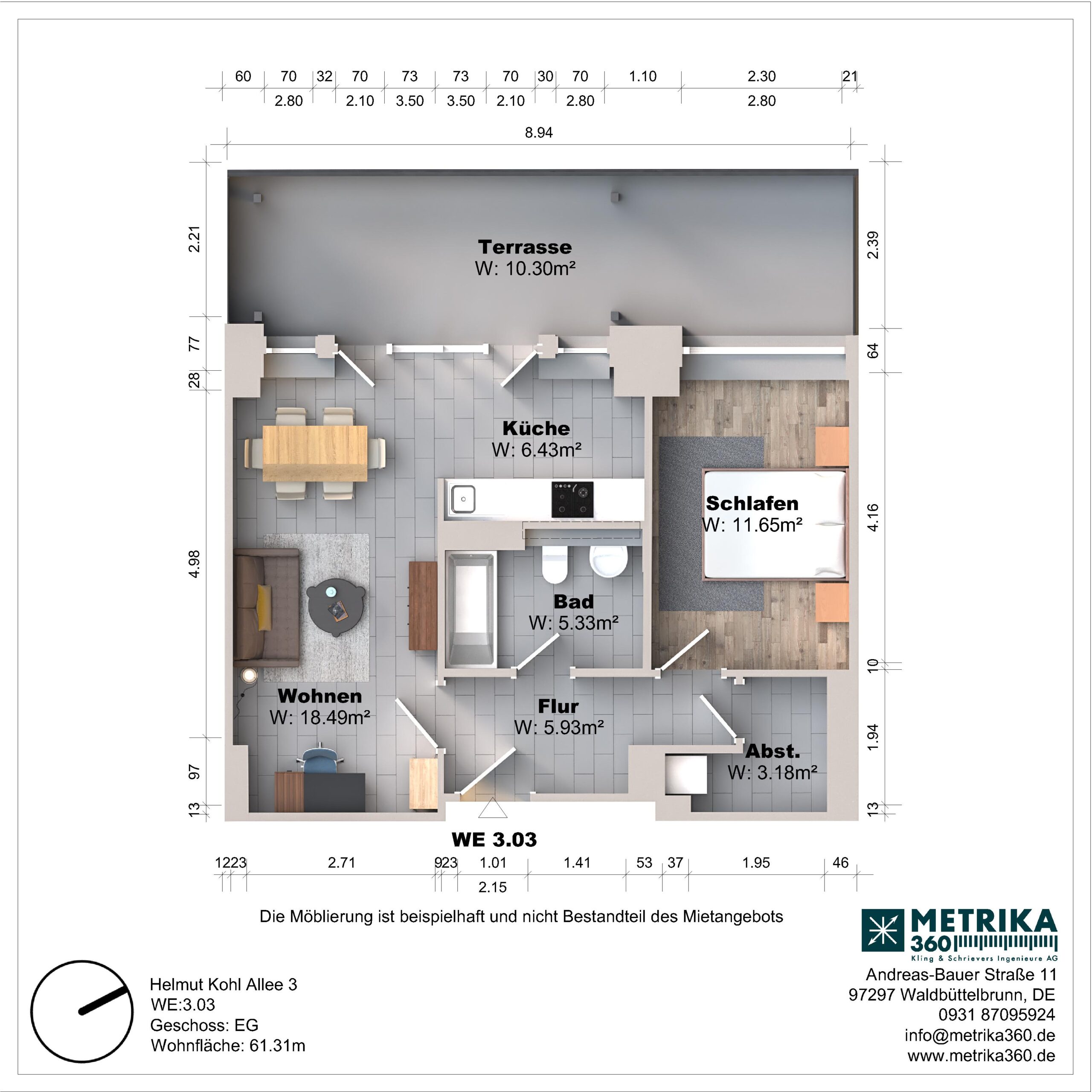 Grundriss einer Wohnung mit Terrasse und Zimmeraufteilung.