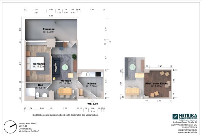 Grundriss einer Wohnung mit Terrasse und Möbeln.