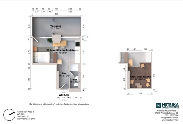 Grundriss einer Wohnung mit Terrasse und Abstellraum.