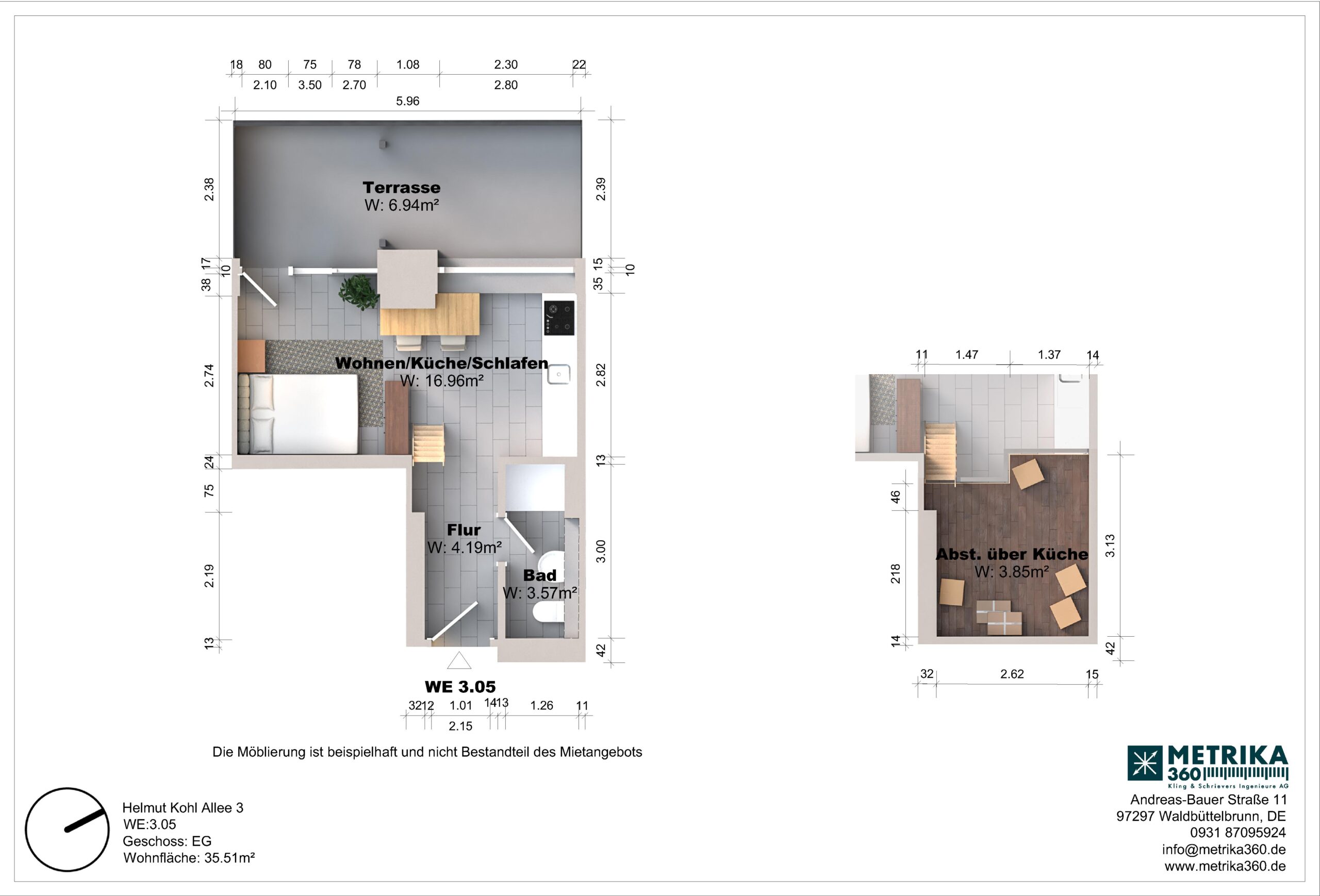 Grundriss einer Wohnung mit Terrasse und Abstellraum.