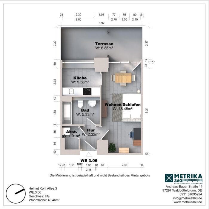 Grundriss einer Wohnung mit Terrasse und Zimmeraufteilung.