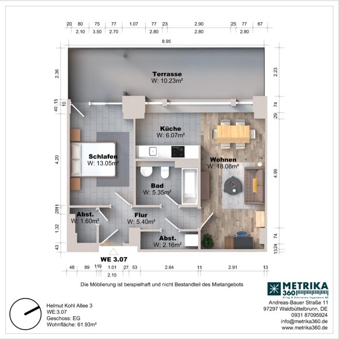 Grundriss einer Wohnung mit Terrasse und Möbeln.
