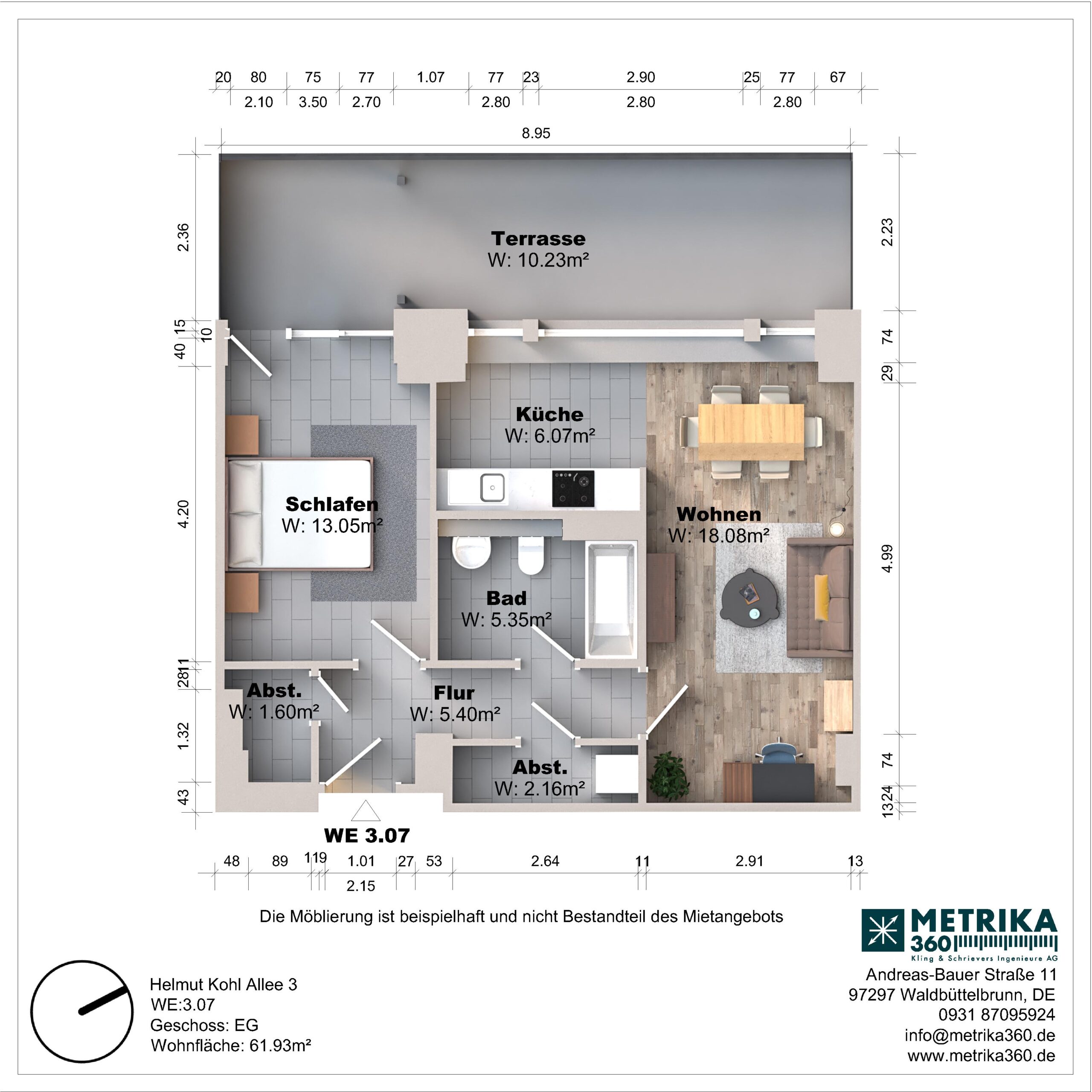 Grundriss einer Wohnung mit Terrasse und Möbeln.