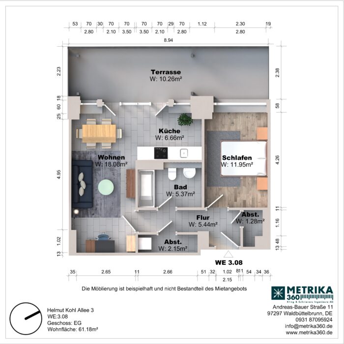 Grundriss einer Wohnung mit Terrasse und Zimmeraufteilung.