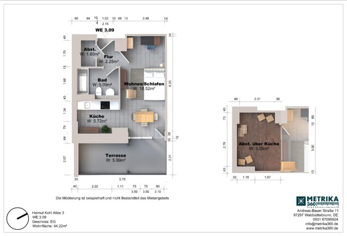 Grundriss einer Wohnung mit Terrasse und Abstellraum.