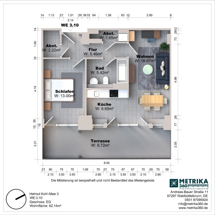 Grundriss einer Wohnung mit Terrasse und Zimmeraufteilung.